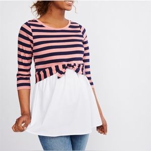 EUC - Motherhood Maternity navy blue/coral striped babydoll top